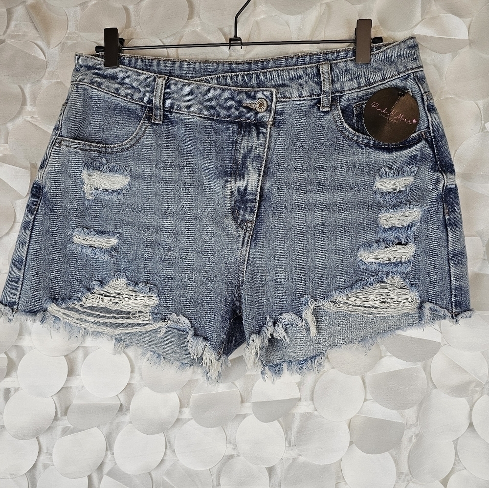 SKY BLUE HIGH RISE CROSSOVER WAIST DENIM SHORTS